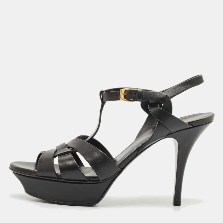 Saint Laurent Black Leather Tribute Platform Sandals Size 39