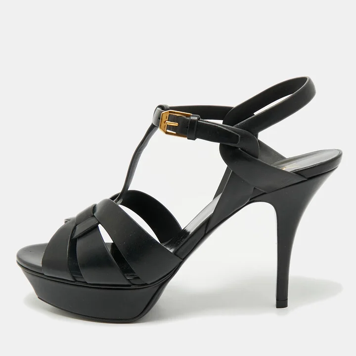 Saint Laurent Black Leather Tribute Platform Sandals Size 40.5
