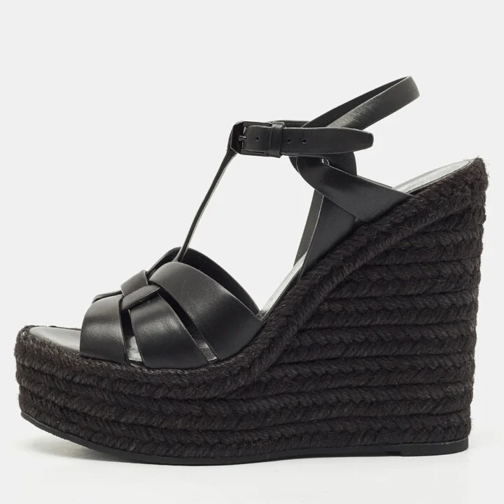 Saint Laurent Black Leather Tribute Wedge Espadrille Sandals Size 37.5