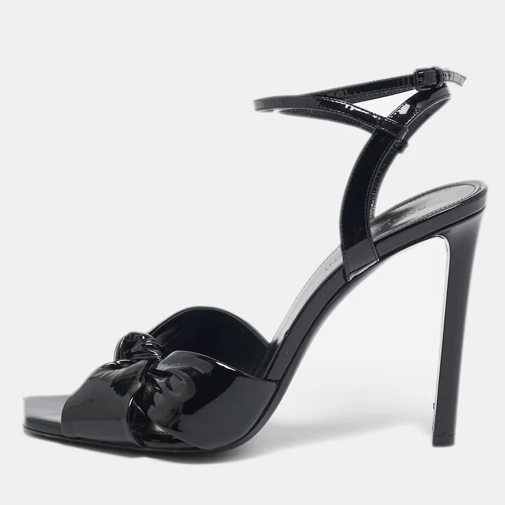 Saint Laurent Black Patent Leather Amy Knot Ankle Strap Sandals Size 40.5