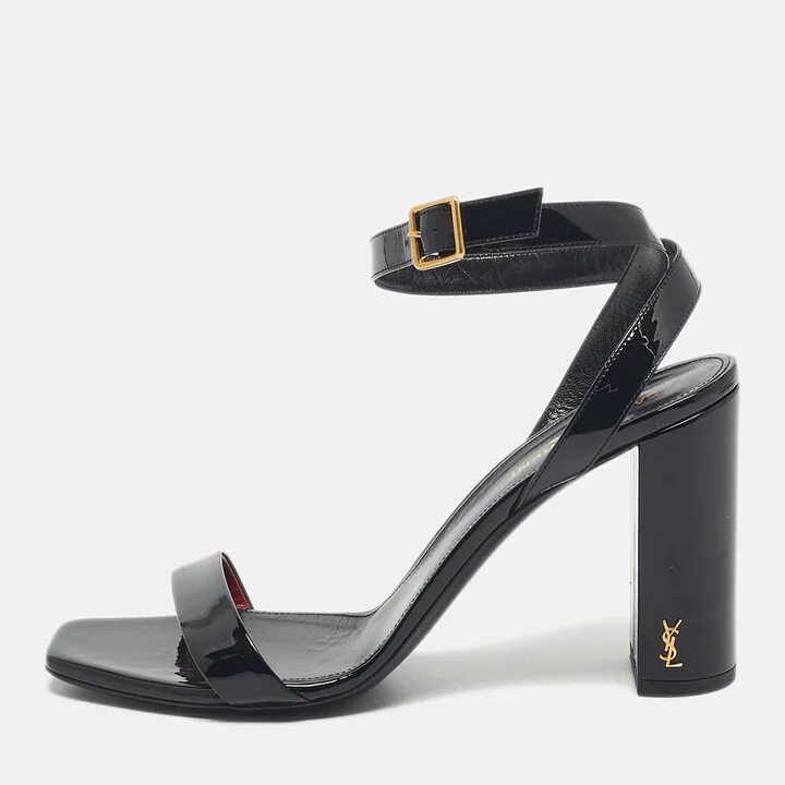 Saint Laurent Black Patent Leather Ankle Strap Sandals Size 40