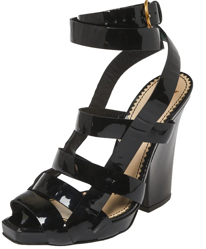 Saint Laurent Black Patent Leather Ankle Wrap Sandals Size 37