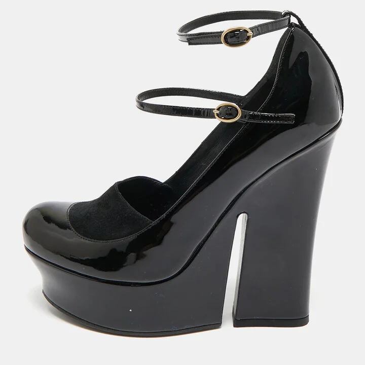 Saint Laurent Black Patent Leather Block Heel Pumps Size 36