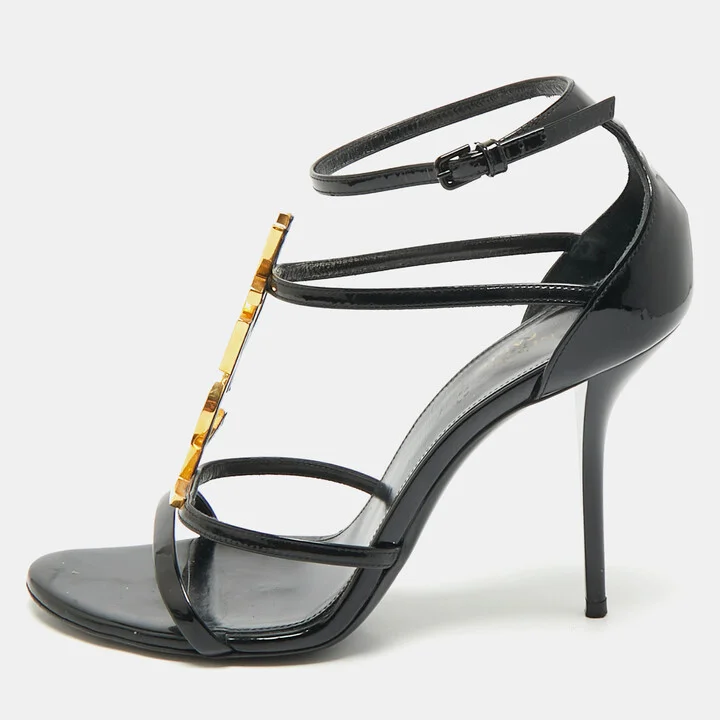 Saint Laurent Black Patent Leather Cassandra Ankle Strap Sandals Size 38.5
