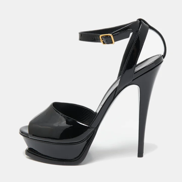 Saint Laurent Black Patent Leather Jodie Platform Ankle Strap Sandals Size 40