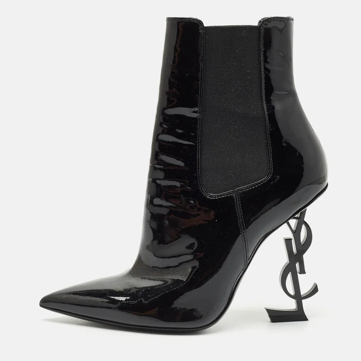 Saint Laurent Black Patent Leather Opyum Pointed Toe Ankle Boots Size 37