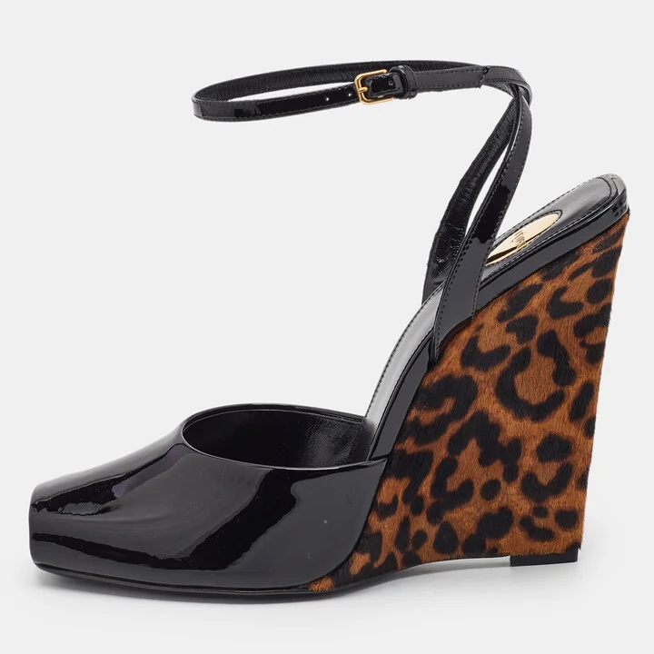 Saint Laurent Black Patent Leather Orhand Wedge Sandals Size 41