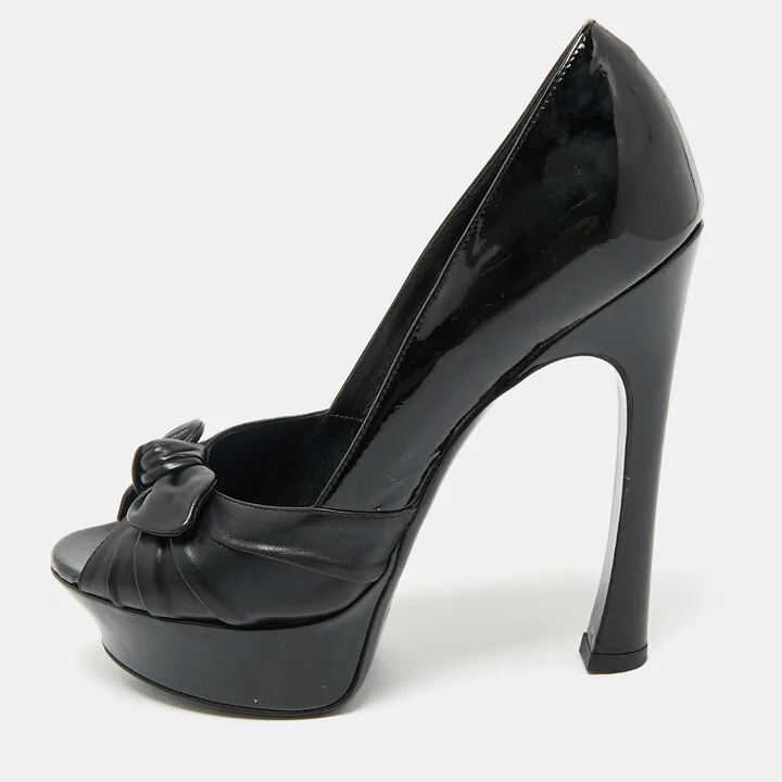 Saint Laurent Black Patent Leather Palais B 105 Peep Toe Bow Pumps Size 37.5