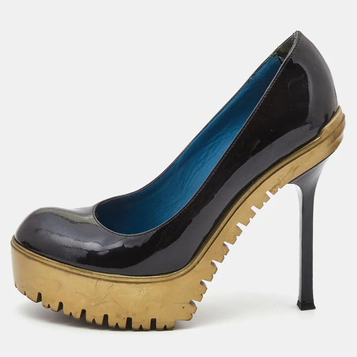 Saint Laurent Black Patent Leather Platform Round Toe Pumps Size 36