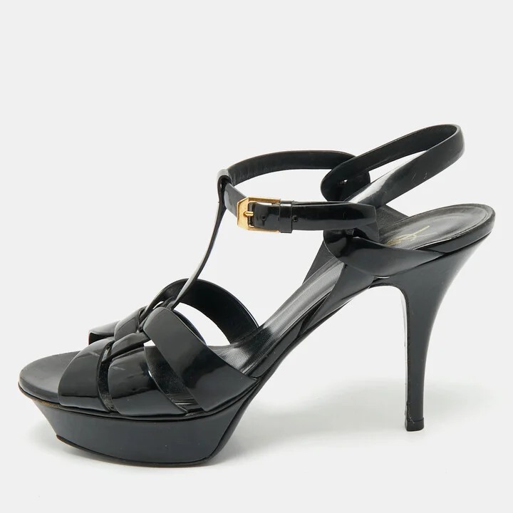 Saint Laurent Black Patent Leather Platform Sandals Size 40.5