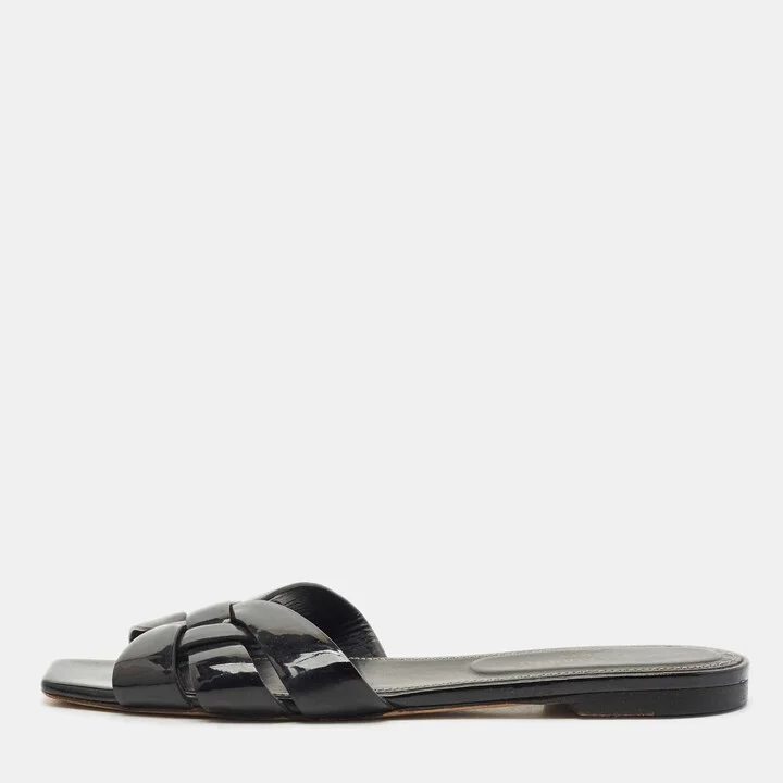 Saint Laurent Black Patent Leather Tribute Flat Sandals Size 38.5