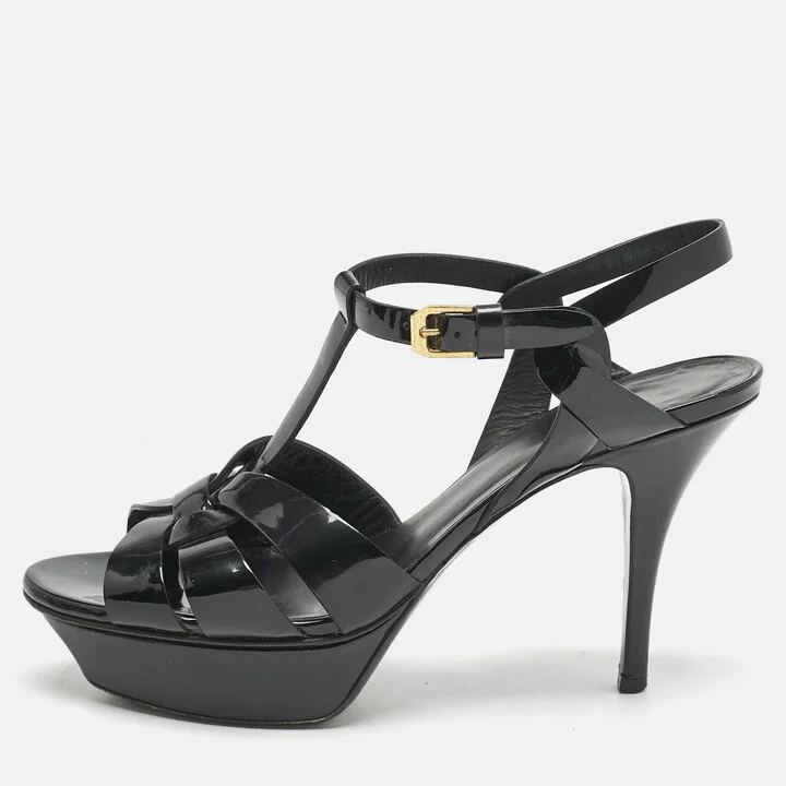 Saint Laurent Black Patent Leather Tribute Platform Sandals Size 38.5