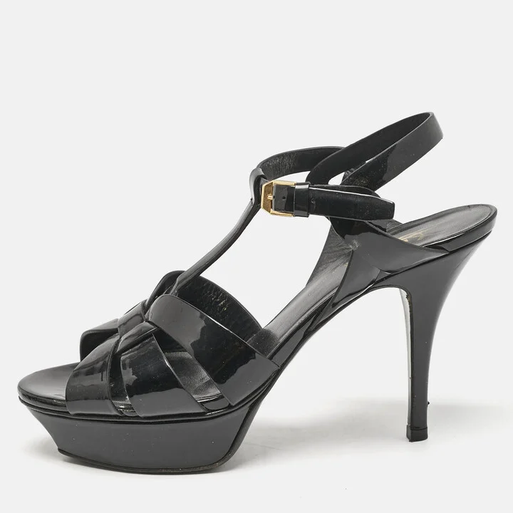 Saint Laurent Black Patent Leather Tribute Platform Sandals Size 38