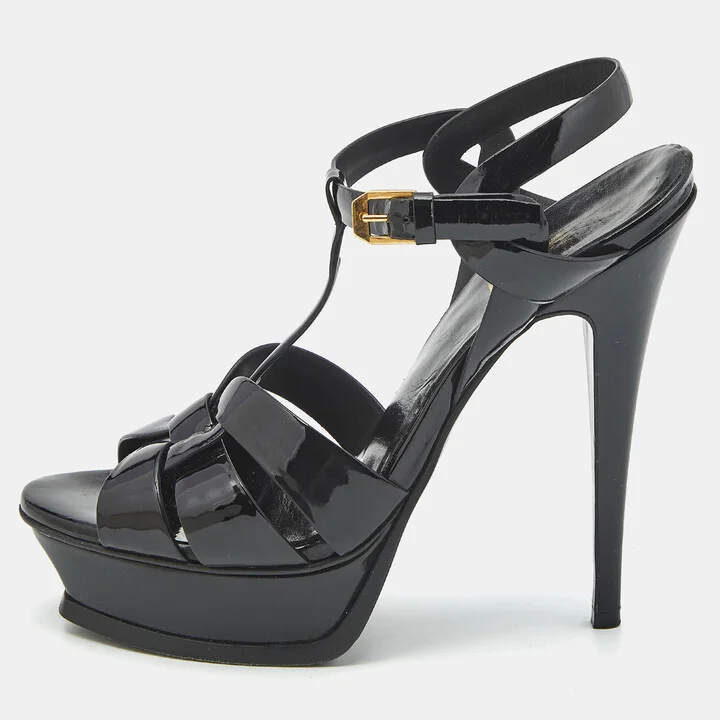 Saint Laurent Black Patent Leather Tribute Platform Sandals Size 39