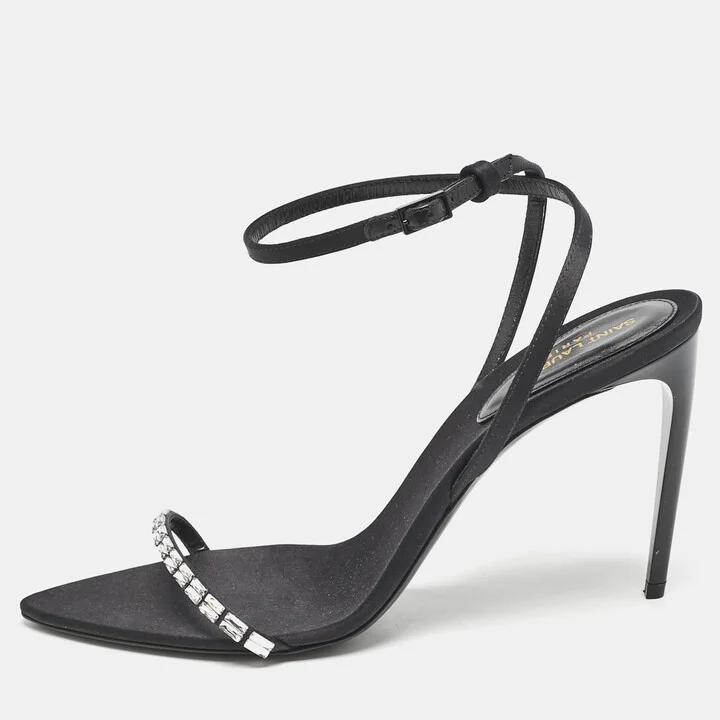 Saint Laurent Black Satin Ankle Strap Sandals Size 39
