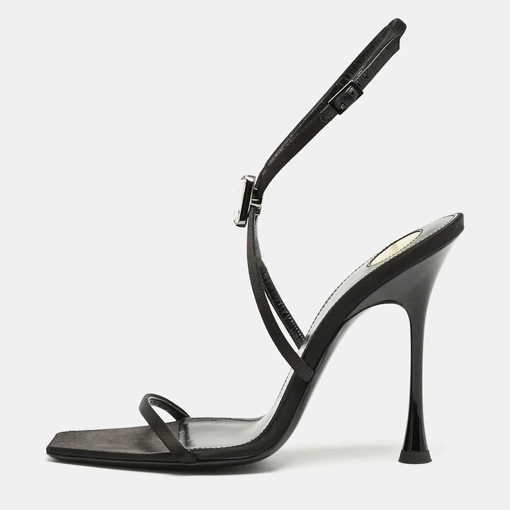 Saint Laurent Black Satin Harlow Crystals Ankle Strap Sandals Size 39