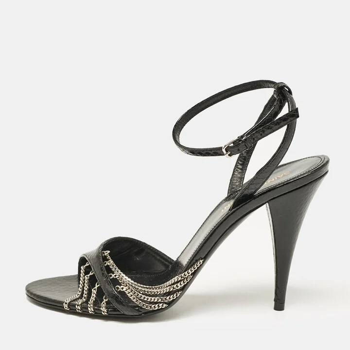Saint Laurent Black Snakeskin Leather Ankle Strap Sandals Size 38