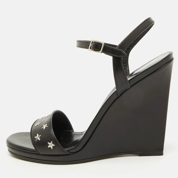 Saint Laurent Black Stars Leather Ankle Strap Wedge Sandals Size 39.5