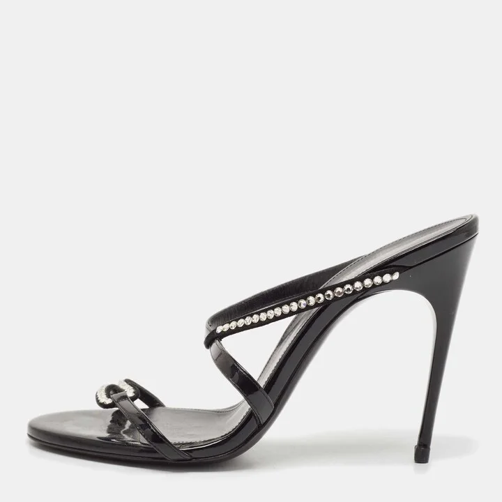 Saint Laurent Black Suede and Patent Leather Crystal Slide Sandals Size 37.5