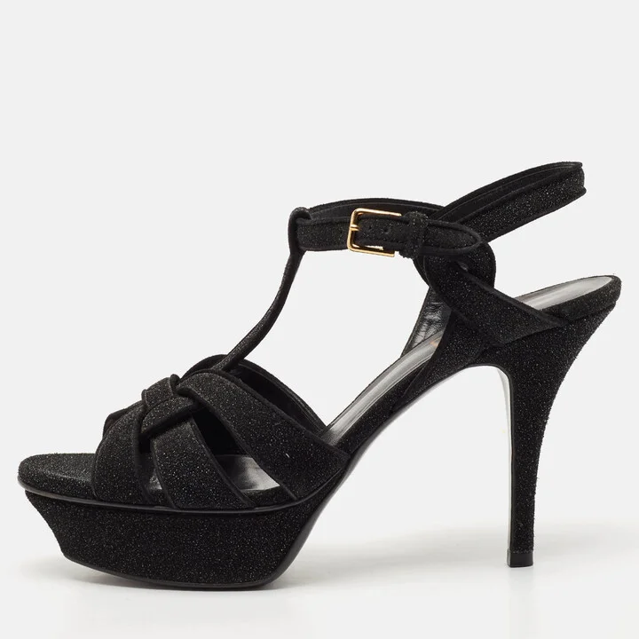 Saint Laurent Black Suede and Quartz Glitter Tribute Platform Sandals Size 37.5