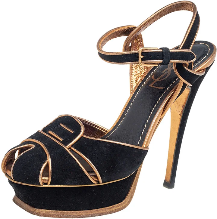 Saint Laurent Black Suede Leather Platform Ankle Strap Sandals Size 36