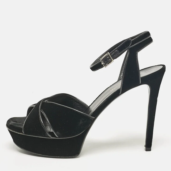 Saint Laurent Black Velvet Bianca Ankle Strap Sandals Size 39