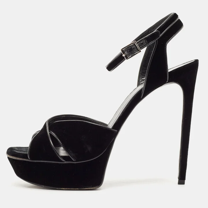 Saint Laurent Black Velvet Tribute Ankle Strap Sandals Size 41