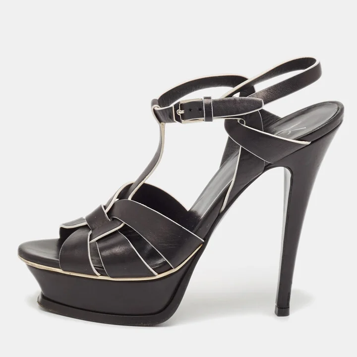 Saint Laurent Black/White Leather Tribute Ankle Strap Sandals Size 37.5