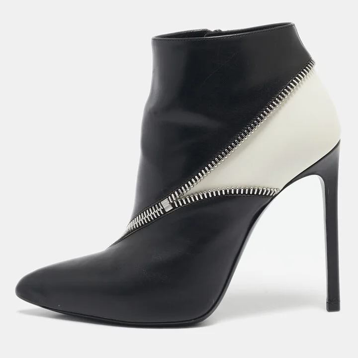 Saint Laurent Black/White Leather Zip Detail Ankle Length Boots Size 36