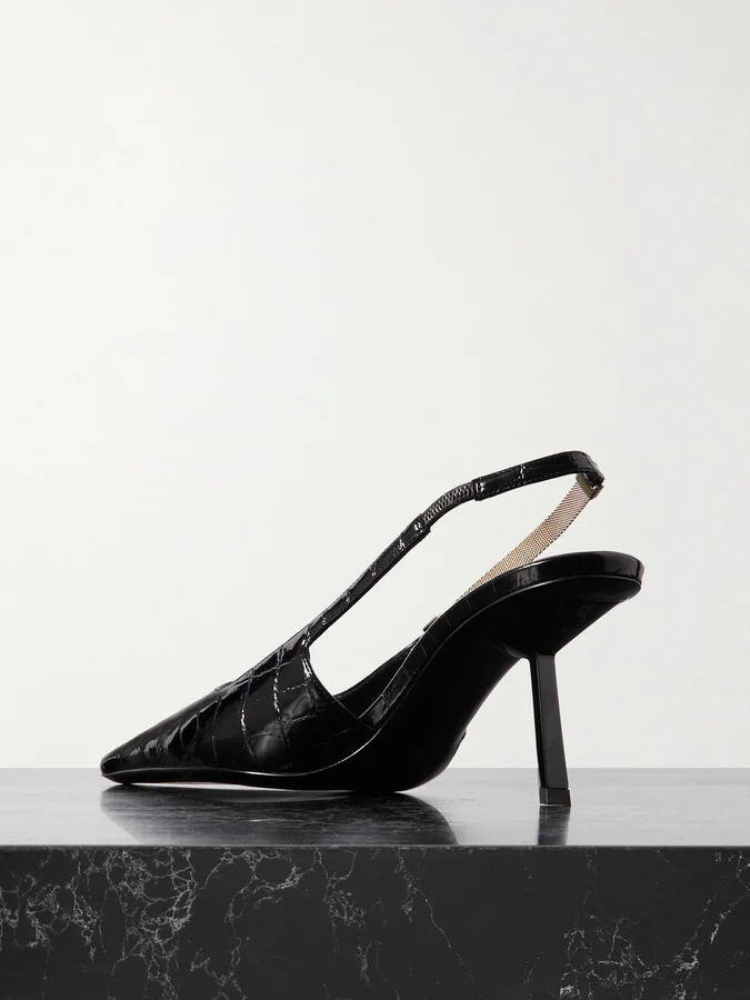 SAINT LAURENT - Blake Embellished Croc-effect Leather Slingback Pumps - Black - Image 3