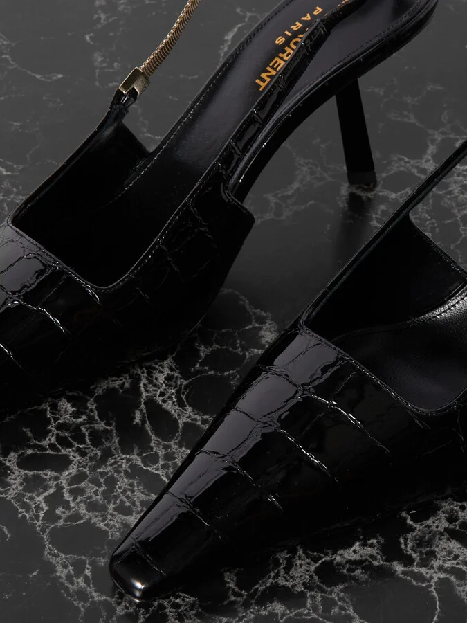 SAINT LAURENT - Blake Embellished Croc-effect Leather Slingback Pumps - Black - Image 4