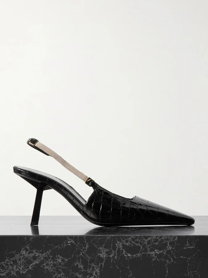 SAINT LAURENT - Blake Embellished Croc-effect Leather Slingback Pumps - Black