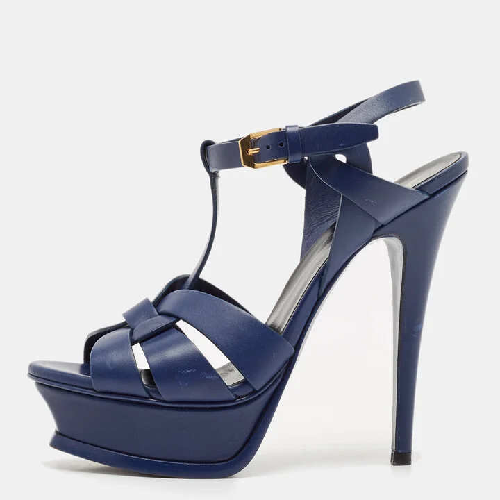 Saint Laurent Blue Leather Tribute Platform Ankle Strap Sandals Size 35.5