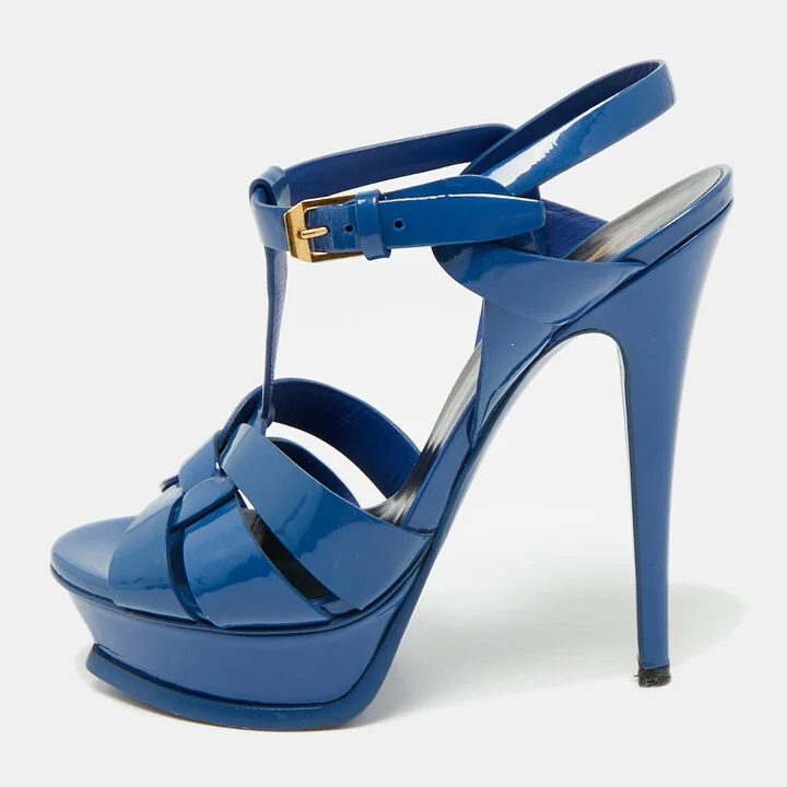 Saint Laurent Blue Patent Leather Tribute Platform Sandals Size 36.5