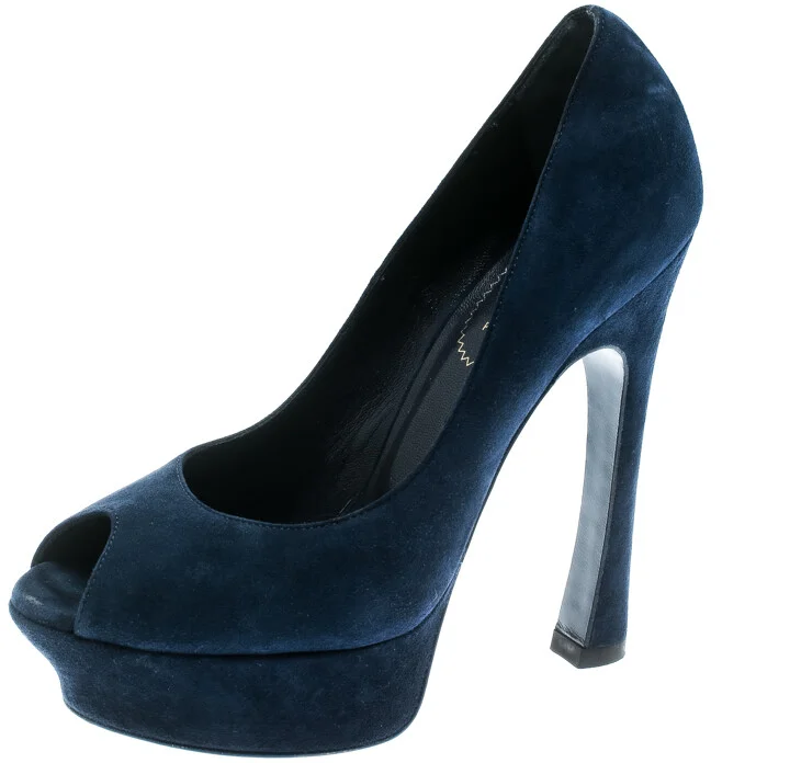 Saint Laurent Blue Suede Palais Platform Peep Toe Pumps Size 36