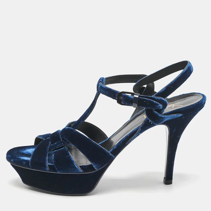Saint Laurent Blue Velvet Tribute Ankle Strap Sandals Size 38.5