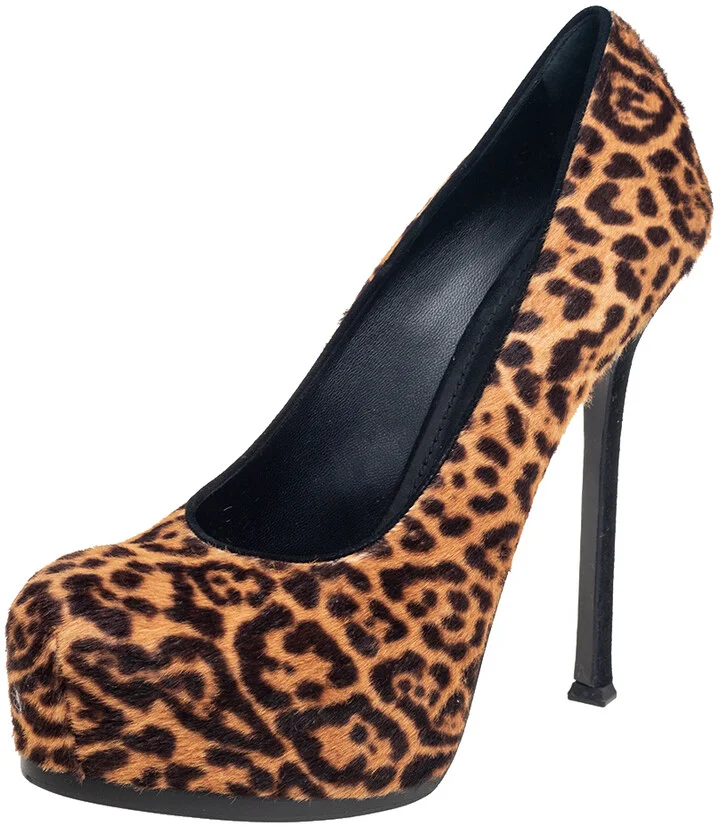 Saint Laurent Brown/Beige Leopard Print Pony Hair Tribtoo Pumps Size 41