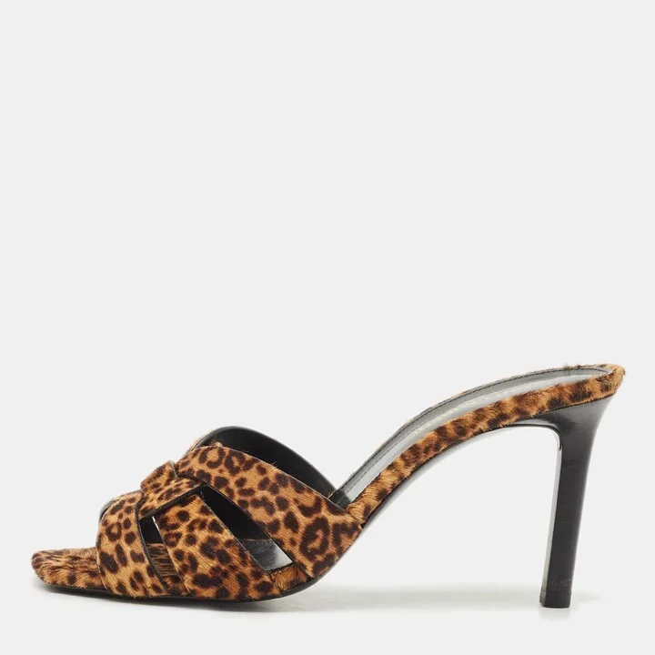 Saint Laurent Brown/Black Calfhair Tribute Slide Sandals Size 38