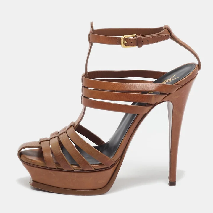 Saint Laurent Brown Leather Ankle Strap Sandals Size 40