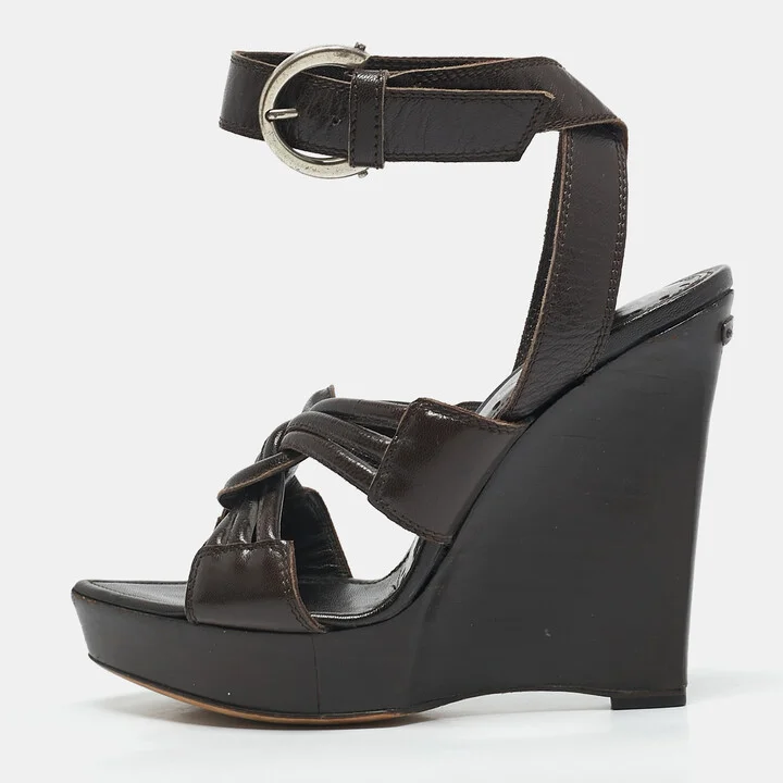 Saint Laurent Brown Leather Ankle Strap Wedge Sandals Size 35
