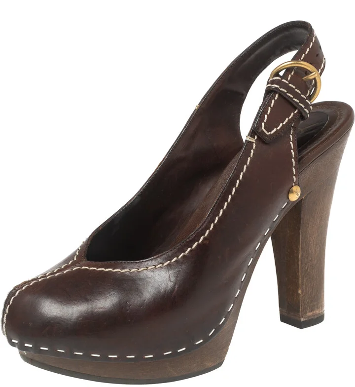 Saint Laurent Brown Leather Platform Slingback Sandals Size 36
