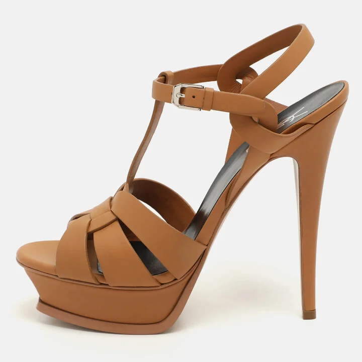 Saint Laurent Brown Leather Tribute Platform Sandals Size 40