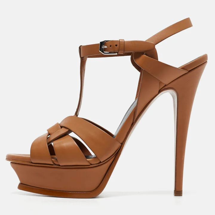 Saint Laurent Brown Leather Tribute Sandals Size 40