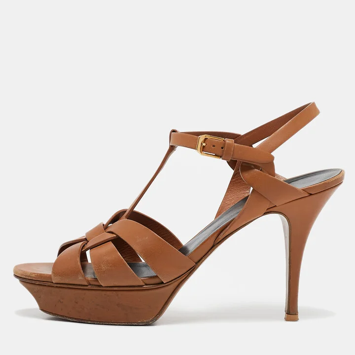 Saint Laurent Brown Leather Tribute Sandals Size 41