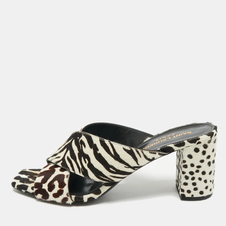 Saint Laurent Brown/White Calfhair Loulou Slide Sandals Size 38