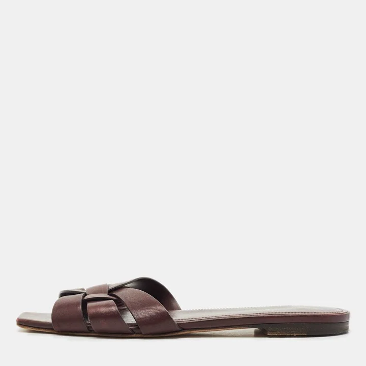 Saint Laurent Burgundy Leather Tribute Flat Slides Size 39.5
