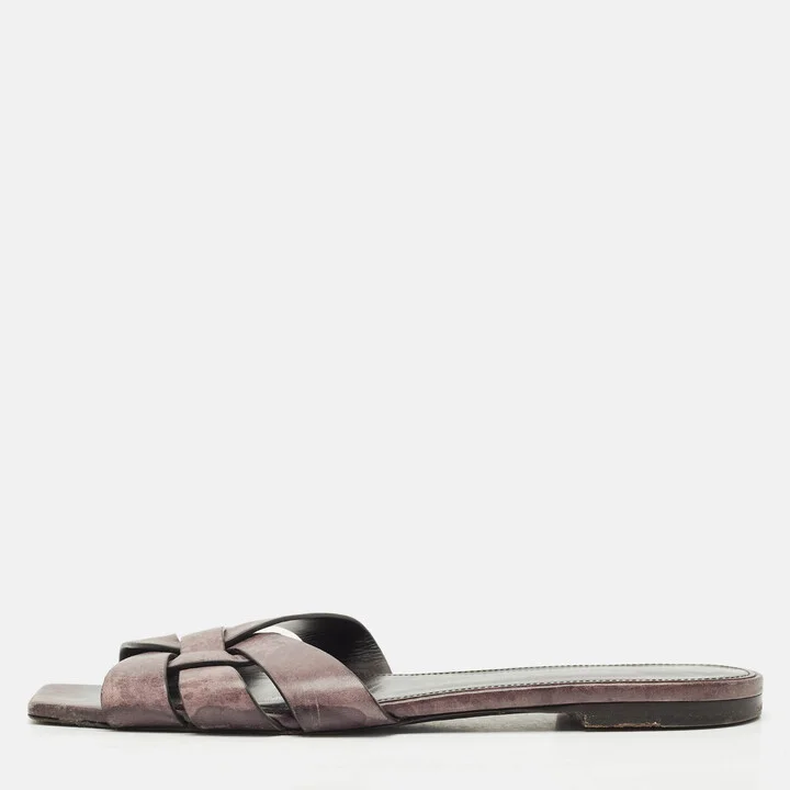 Saint Laurent Burgundy Leather Tribute Flat Slides Size 40