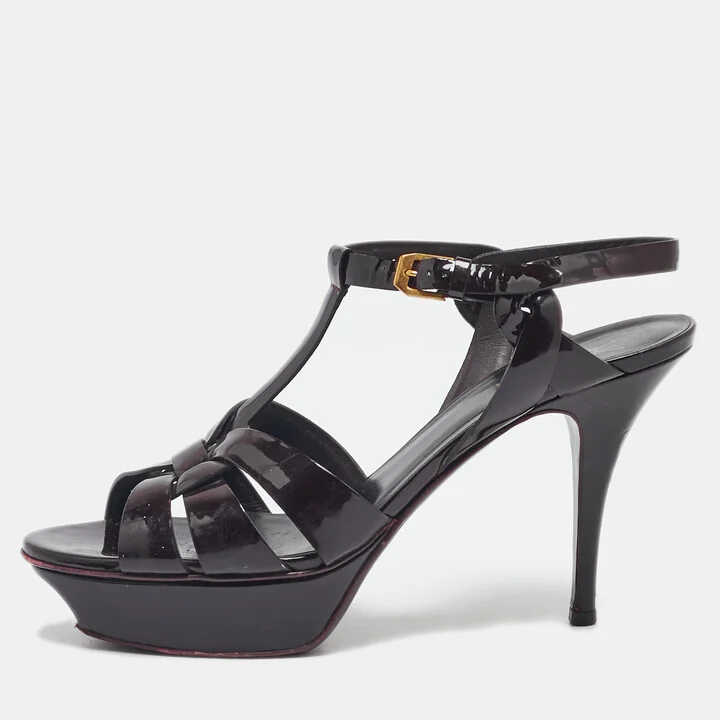 Saint Laurent Burgundy Patent Leather Tribute Ankle Strap Sandals Size 39