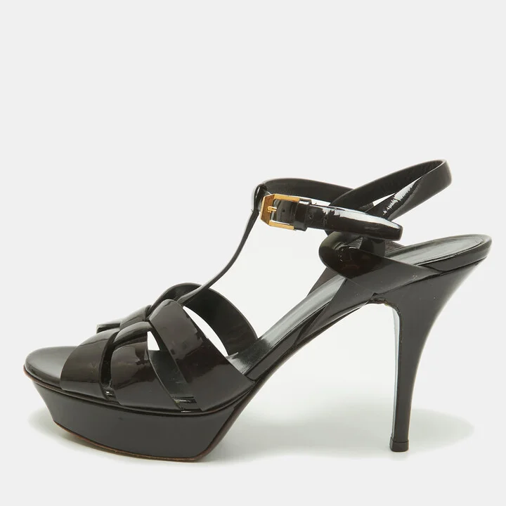 Saint Laurent Burgundy Patent Leather Tribute Ankle Strap Sandals Size 40