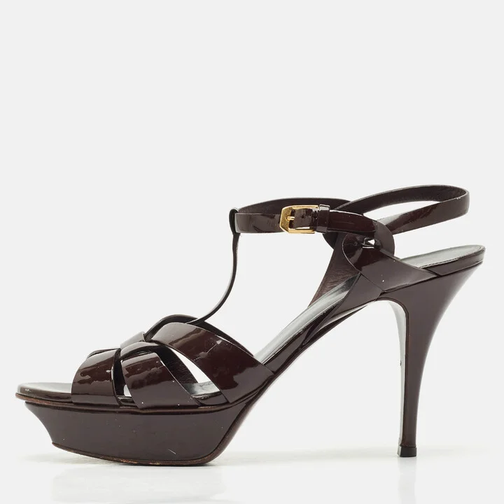 Saint Laurent Burgundy Patent Leather Tribute Platform Ankle Strap Sandals Size 41.5